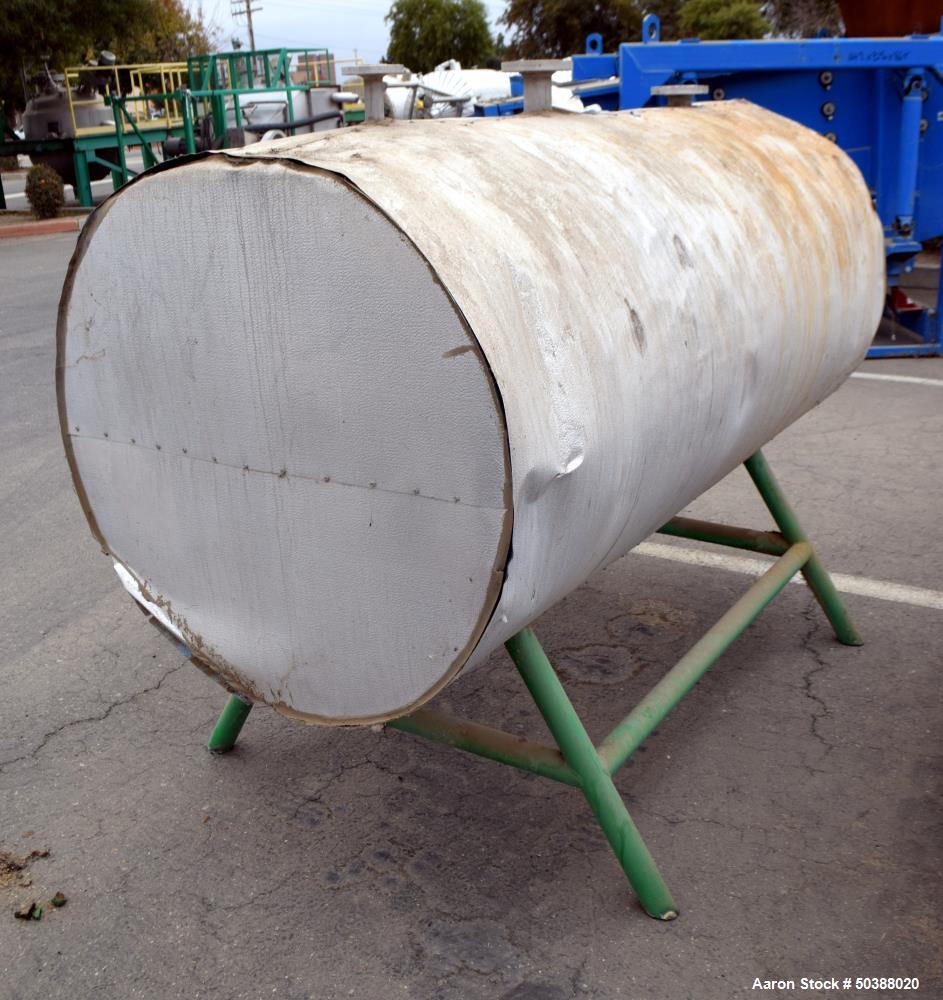 Used Tank, Approximate 300 Gallon, Stainless Steel, Horizontal. Approximate 36” diameter x 60” straight side, dished heads. Mounted on a carbon steel legs.