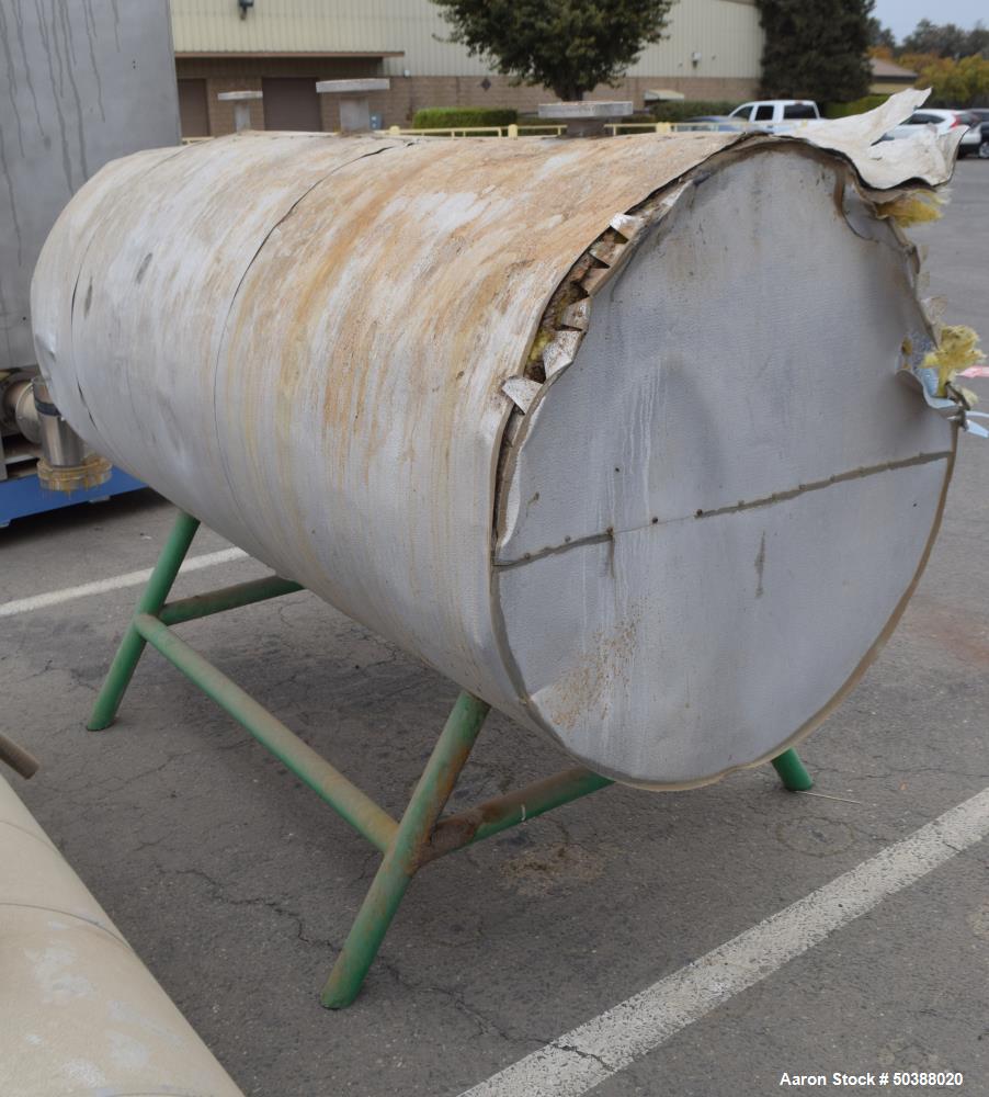 Used Tank, Approximate 300 Gallon, Stainless Steel, Horizontal. Approximate 36” diameter x 60” straight side, dished heads. Mounted on a carbon steel legs.