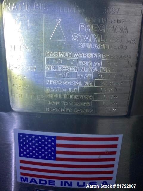 Used Precision Stainless Pressure Vessel / Tank. 100 gallon / 400 liter capacity