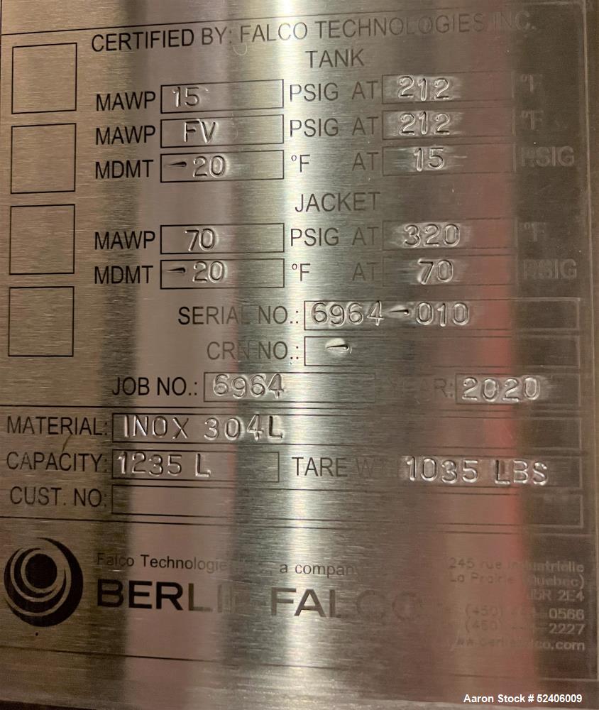 Used Berlie-Falco Jacketed Pressure Tank, Approximate 1235 Liter (326 Gallon), 3