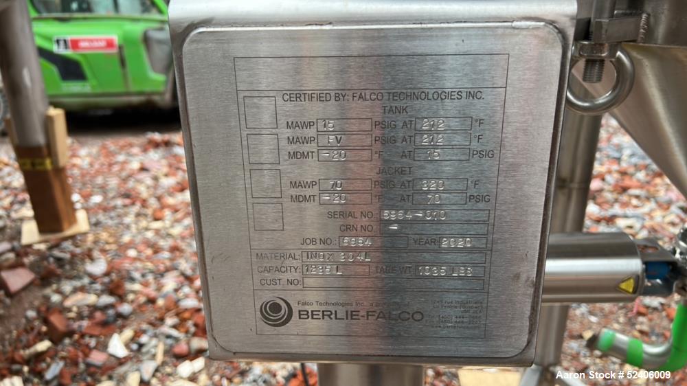 Used Berlie-Falco Jacketed Pressure Tank, Approximate 1235 Liter (326 Gallon), 3