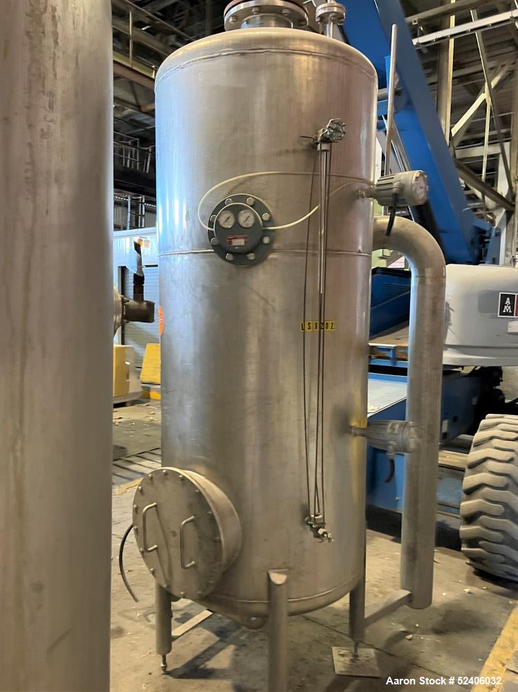 Used Tank, Approximate 250 Gallon, Stainless Steel, Vertical. Approximate 30" diameter x 77" straight side, dished top & bottom. Mounted on 4 stainless legs.
