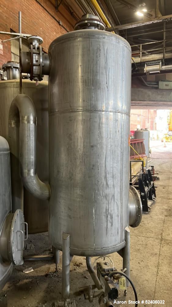 Used Tank, Approximate 250 Gallon, Stainless Steel, Vertical. Approximate 30" diameter x 77" straight side, dished top & bottom. Mounted on 4 stainless legs.
