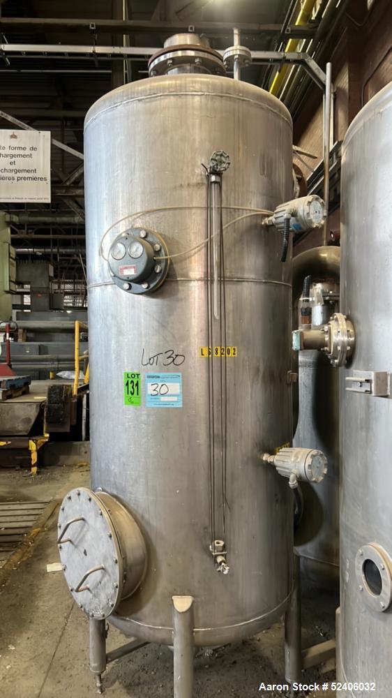 Used Tank, Approximate 250 Gallon, Stainless Steel, Vertical. Approximate 30" diameter x 77" straight side, dished top & bottom. Mounted on 4 stainless legs.
