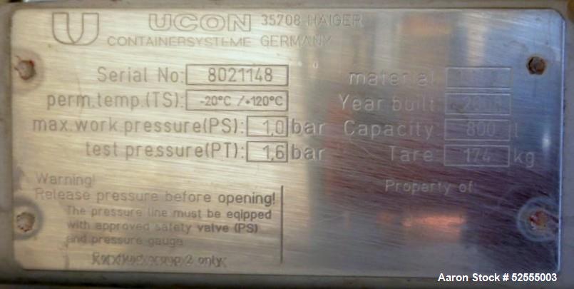Used- UCON 800 Liter Jacketed Tank, 211 Gallon, 316 Stainless Steel, Vertical. Approximate 40" diameter x 30" straight side....