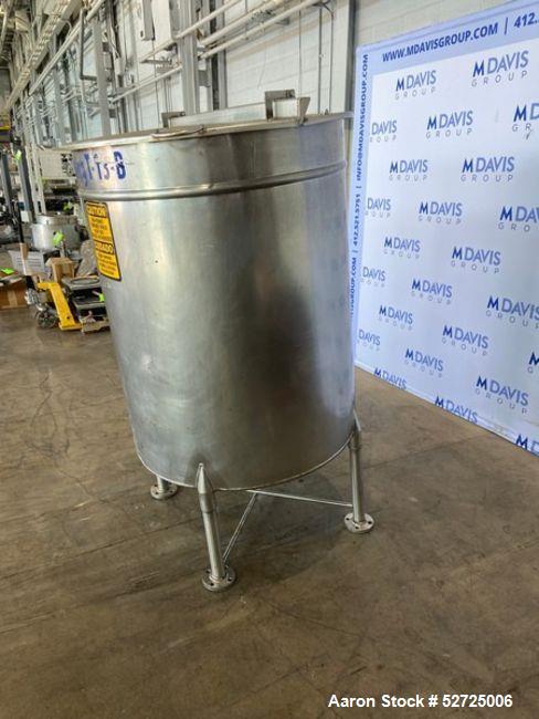 Used- Stainless Steel Tank, Approximate 100 Gallon, Stainless Steel, Vertical. Flat top, pitched bottom. Bottom outlet. Moun...