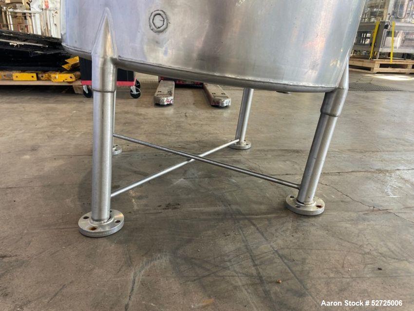 Used- Stainless Steel Tank, Approximate 100 Gallon, Stainless Steel, Vertical. Flat top, pitched bottom. Bottom outlet. Moun...