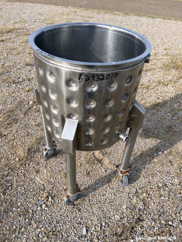 Used Jacketed Tank, Approximate 20 Gallon, Stainless Steel, Vertical. Approximate 18" diameter x 18" straight side. Flat open top, dished bottom. Jacket no rating. 1-1/2" Center bottom outlet with ma...