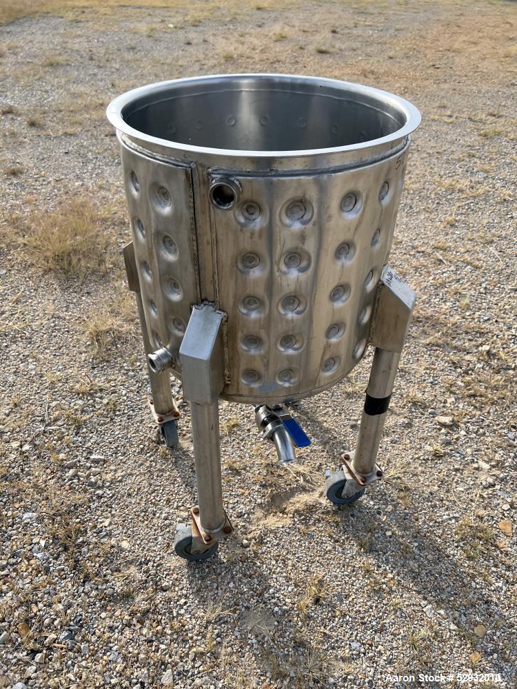Used Jacketed Tank, Approximate 20 Gallon, Stainless Steel, Vertical. Approximate 18" diameter x 18" straight side. Flat open top, dished bottom. Jacket no rating. 1-1/2" Center bottom outlet with ma...