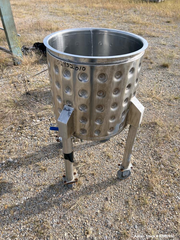 Used Jacketed Tank, Approximate 20 Gallon, Stainless Steel, Vertical. Approximate 18" diameter x 18" straight side. Flat open top, dished bottom. Jacket no rating. 1-1/2" Center bottom outlet with ma...