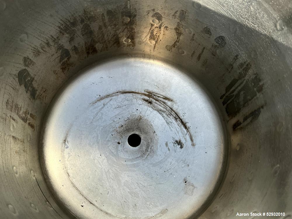 Used Jacketed Tank, Approximate 20 Gallon, Stainless Steel, Vertical. Approximate 18" diameter x 18" straight side. Flat open top, dished bottom. Jacket no rating. 1-1/2" Center bottom outlet with ma...