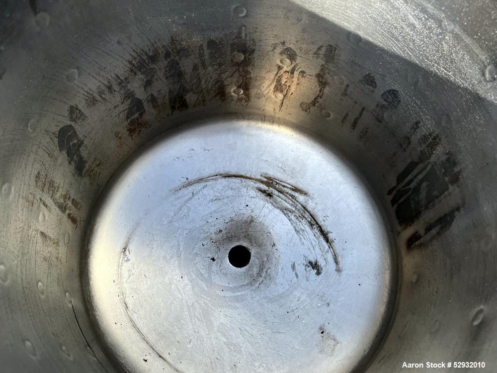 Used Jacketed Tank, Approximate 20 Gallon, Stainless Steel, Vertical. Approximate 18" diameter x 18" straight side. Flat open top, dished bottom. Jacket no rating. 1-1/2" Center bottom outlet with ma...