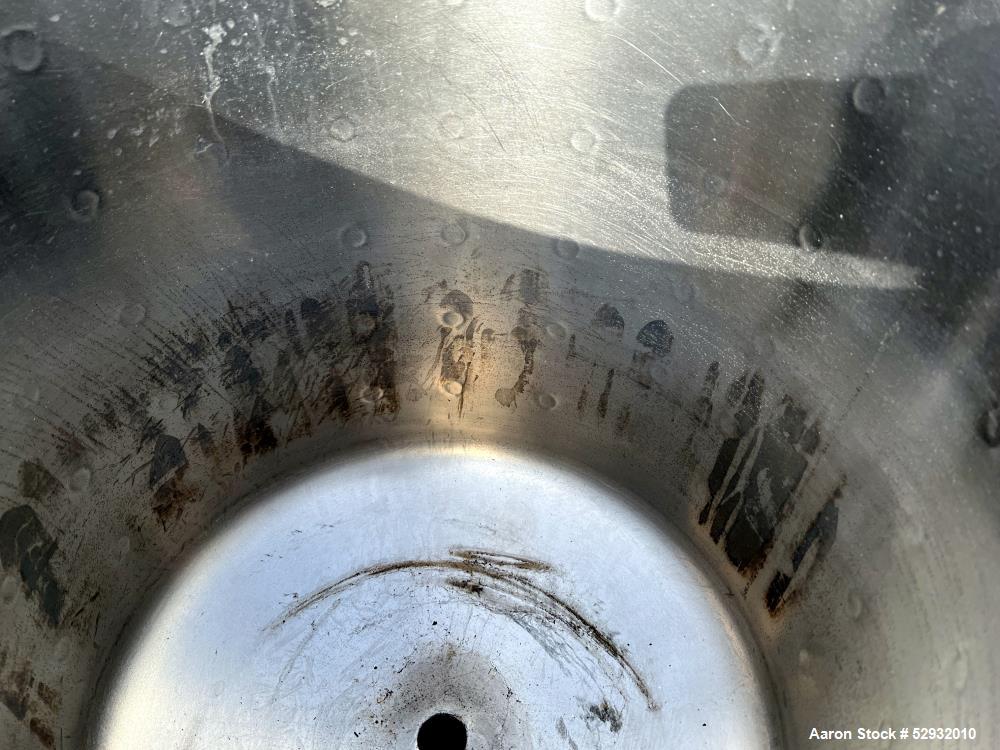 Used Jacketed Tank, Approximate 20 Gallon, Stainless Steel, Vertical. Approximate 18" diameter x 18" straight side. Flat open top, dished bottom. Jacket no rating. 1-1/2" Center bottom outlet with ma...