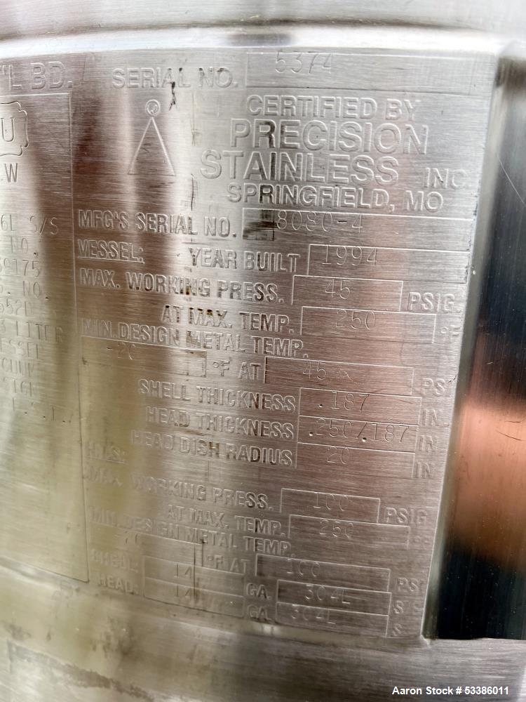 Used Precision Stainless 27.2 Gallon Tank, with 304 Stainless Steel Jacket
