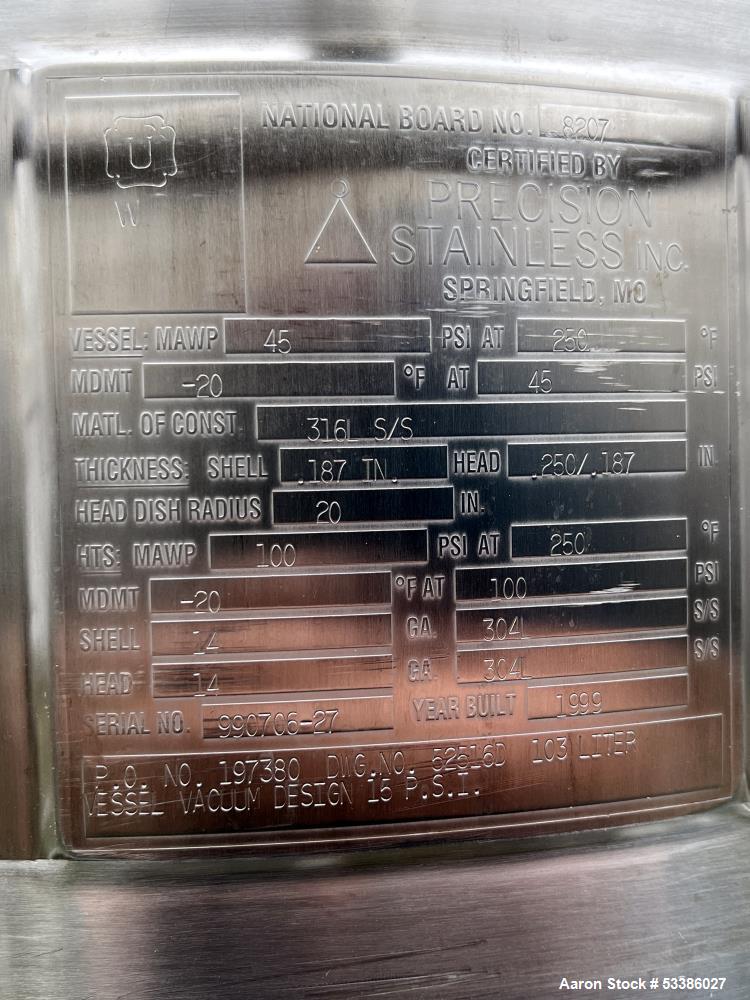 Used Dished Bottom 316L Stainless Steel Jacketed Tank, Made by Precision Stainless.