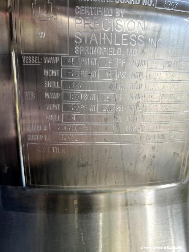 Used Vertical Stainless Steel Jacketed Tank – 103 Liter