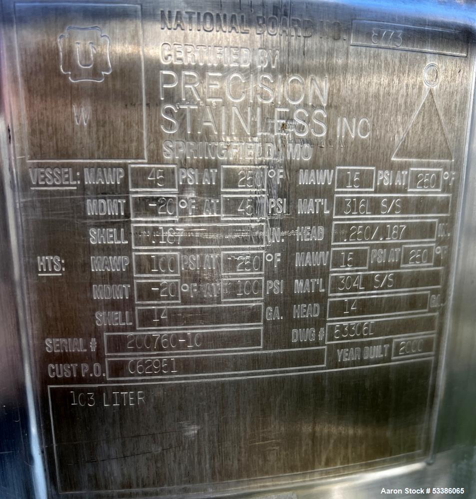 Used High-Quality 27.2 Gallon Vertical Stainless Steel Tank – Jacketed