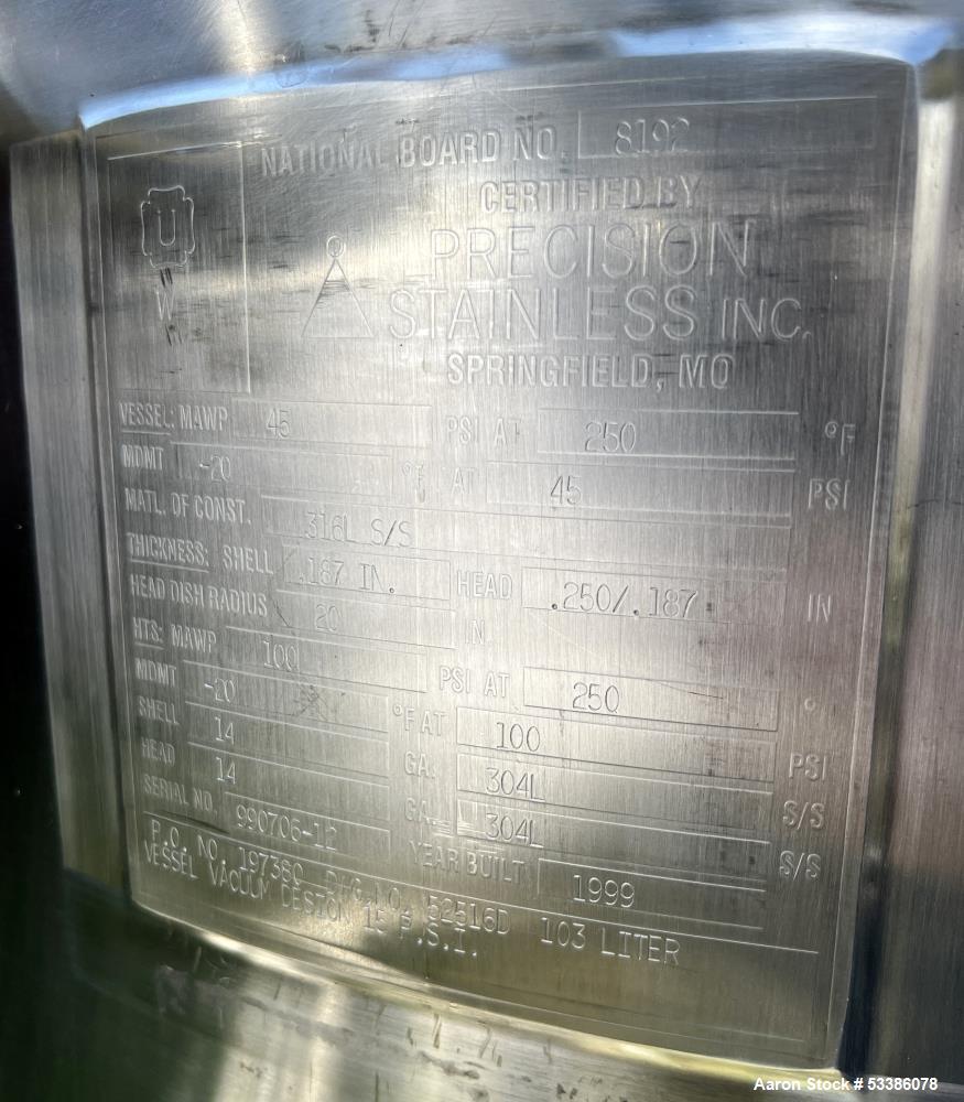 Precision Stainless Dished Bottom Stainless Steel Jacketed Tank - Used