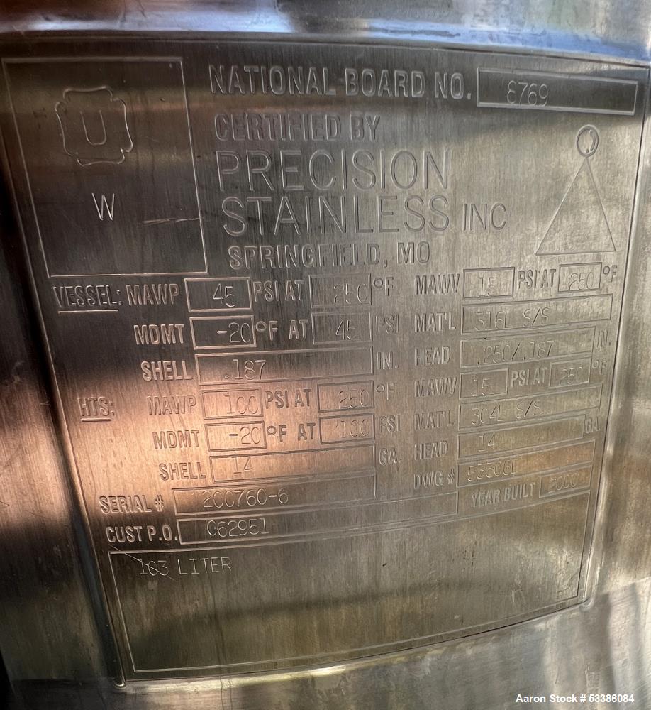 Used Precision Stainless 103 Liter / 27.2 Gallon Jacketed Tank