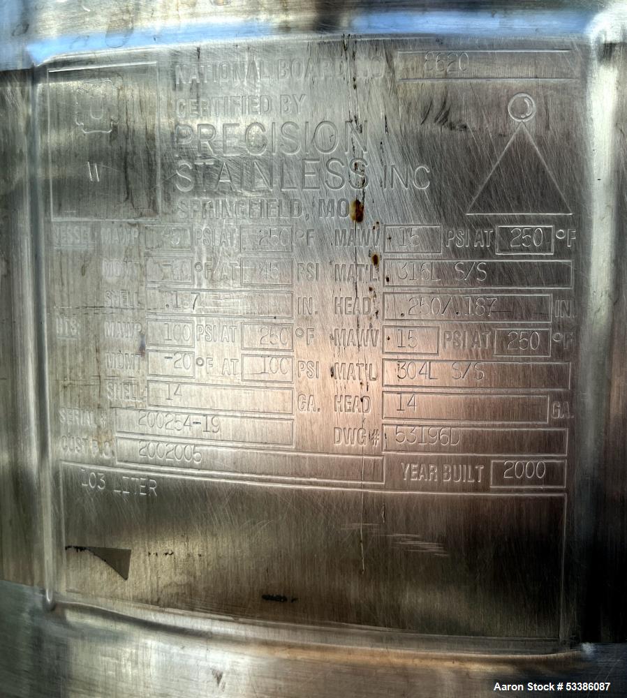 Used Precision Stainless Industrial Dished Top and Bottom Jacketed Tank.
