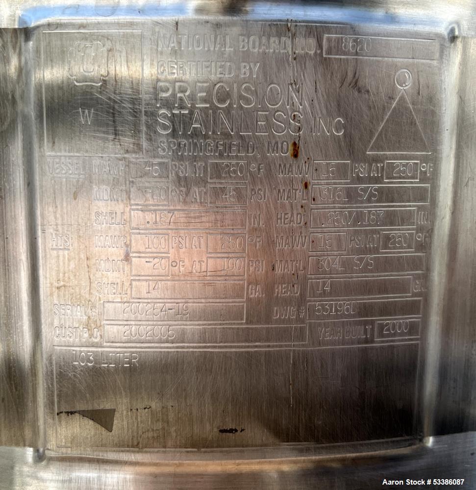 Used Precision Stainless Industrial Dished Top and Bottom Jacketed Tank.