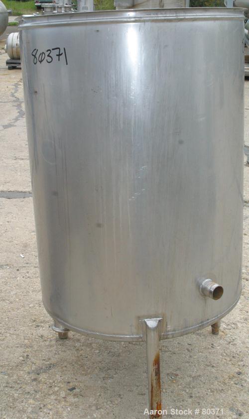 USED: Tank, 200 gallon, 304 stainless steel, vertical. 36" diameter x46" straight side. Open top with cover, 1" sloped bottom. Openings:side (3) 2-1/4" NPT; 3-1/2" end bottom outlet. Mounted on 3 sta...