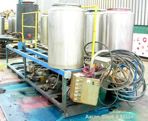 USED: Multi tank feed system consisting of (7) 75 gallon 304 stainless steel tanks, 24" diameter x 36" straight side. Open top with cover, dish bottom. 1" center bottom outlet, (8) 1/2 hp DC gearmoto...