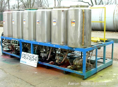 USED: Multi tank feed system consisting of (7) 75 gallon 304 stainless steel tanks, 24" diameter x 36" straight side. Open top with cover, dish bottom. 1" center bottom outlet, (8) 1/2 hp DC gearmoto...