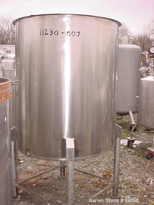 USED: Tank, 250 gallon, stainless steel, vertical. 40" diameter x 48" straight side. Open top, flat bottom. Mounted on four legs.
