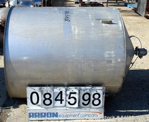USED: Tank, 350 gallon, 304 stainless steel, vertical. 44" diameter x 47" straight side. Open top with no cover, coned bottom. 2" tri clamp center bottom outlet. No legs.