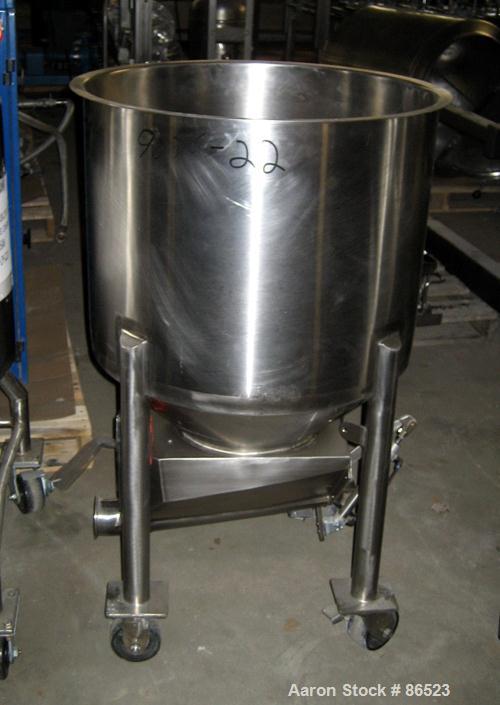 USED: Tank, 35 gallon, stainless steel. 24" diameter x 18" straightside. Open top, cone bottom. Mounted on casters.