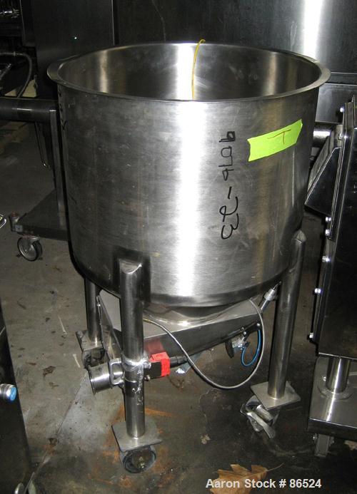 USED: Tank, 35 gallon, stainless steel. 24" diameter x 18" straightside. Open top, cone bottom. Mounted on casters.