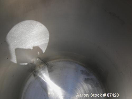 USED: Tank, 25 gallon, 304 stainless steel, vertical. 18" diameter x 24" straight side, dish top and bottom. Openings: top (2) 1/2", 7" with cover; 5/8" NPT center bottom outlet. Mounted on 4 stainle...
