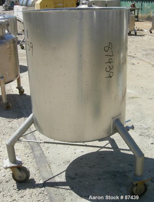 USED: Tank, 115 gallon, 321 stainless steel, vertical. 30" diameter x 35" straight side, open top, no cover, dish bottom. (3) Side wall baffles. 1-1/2" NPT center bottom outlet. Mounted on 3 stainles...