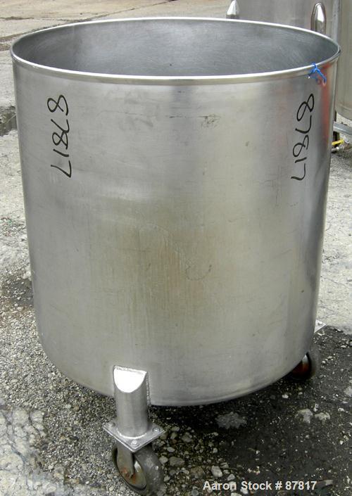 USED: Tank, 100 gallon, 304 stainless steel, vertical. 30" diameter X 30" straight side, open top, no cover, dish bottom. 1" center bottom outlet. Mounted on 3 carbon steel legs with casters.