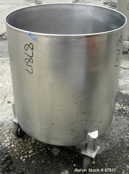 USED: Tank, 100 gallon, 304 stainless steel, vertical. 30" diameter X 30" straight side, open top, no cover, dish bottom. 1" center bottom outlet. Mounted on 3 carbon steel legs with casters.