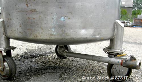 USED: Tank, 100 gallon, 304 stainless steel, vertical. 30" diameter X 30" straight side, open top, no cover, dish bottom. 1" center bottom outlet. Mounted on 3 carbon steel legs with casters.