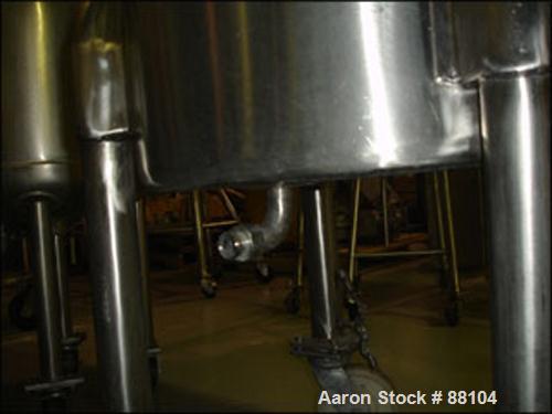 USED: Tank, 60 gallon, stainless steel, vertical. 24" diameter x 28" straight side. Open top with cover, sloped bottom. 1" off center bottom outlet. Mounted on 4 stainless steel legs with casters.