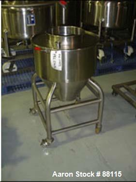 Used Tank, 20 Gallon, Stainless Steel, Vertical. 21" Diameter x 11" straight side x 12" coned bottom, flat top. 1" off center bottom outlet. Mounted on 4 legs with casters.