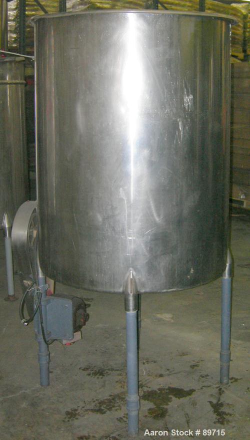 USED: Tank, 225 gallon, 304 stainless steel, vertical. 38" diameter x 48" straight side, open top with cover, flat bottom. Approximate 1" off center bottom outlet. Side bottom 3 blade agitator, drive...
