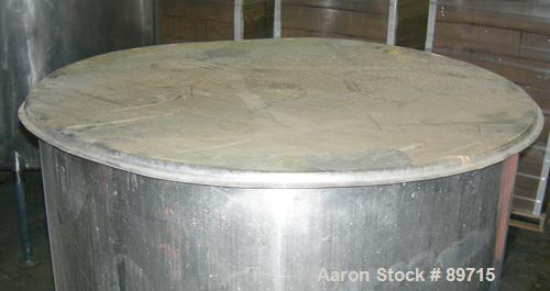 USED: Tank, 225 gallon, 304 stainless steel, vertical. 38" diameter x 48" straight side, open top with cover, flat bottom. Approximate 1" off center bottom outlet. Side bottom 3 blade agitator, drive...