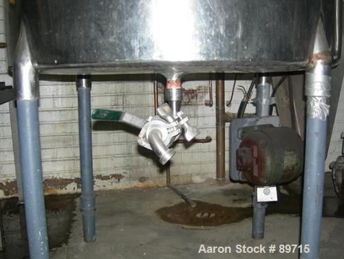 USED: Tank, 225 gallon, 304 stainless steel, vertical. 38" diameter x 48" straight side, open top with cover, flat bottom. Approximate 1" off center bottom outlet. Side bottom 3 blade agitator, drive...