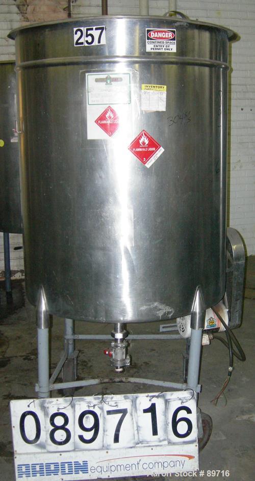 USED: Tank, 225 gallon, 304 stainless steel, vertical. 38" diameter x 48" straight side, open top with cover, flat bottom. Approximate 1" off center bottom outlet. Side bottom 3 blade agitator, drive...