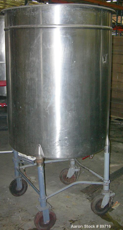 USED: Tank, 225 gallon, 304 stainless steel, vertical. 38" diameter x 48" straight side, open top with cover, flat bottom. Approximate 1" off center bottom outlet. Side bottom 3 blade agitator, drive...