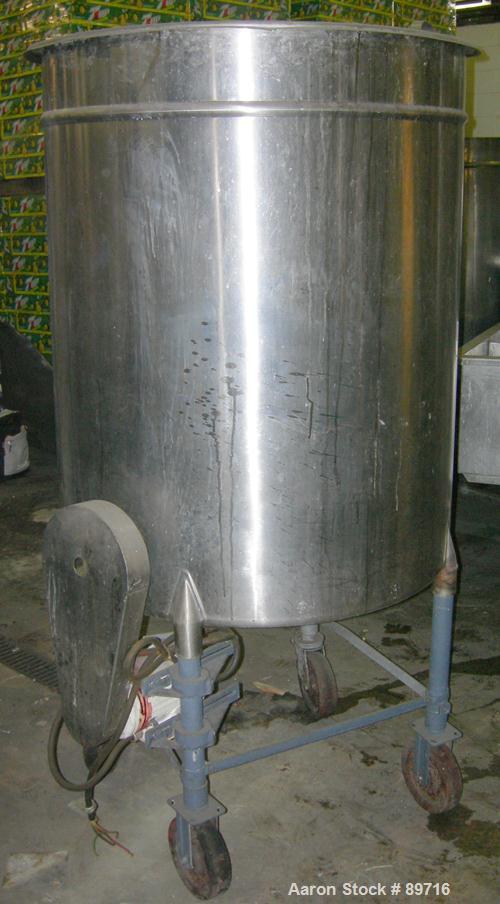 USED: Tank, 225 gallon, 304 stainless steel, vertical. 38" diameter x 48" straight side, open top with cover, flat bottom. Approximate 1" off center bottom outlet. Side bottom 3 blade agitator, drive...