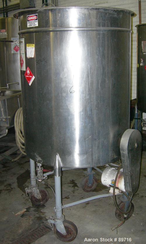 USED: Tank, 225 gallon, 304 stainless steel, vertical. 38" diameter x 48" straight side, open top with cover, flat bottom. Approximate 1" off center bottom outlet. Side bottom 3 blade agitator, drive...