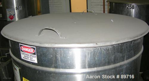 USED: Tank, 225 gallon, 304 stainless steel, vertical. 38" diameter x 48" straight side, open top with cover, flat bottom. Approximate 1" off center bottom outlet. Side bottom 3 blade agitator, drive...
