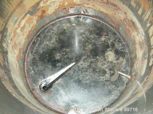USED: Tank, 225 gallon, 304 stainless steel, vertical. 38" diameter x 48" straight side, open top with cover, flat bottom. Approximate 1" off center bottom outlet. Side bottom 3 blade agitator, drive...