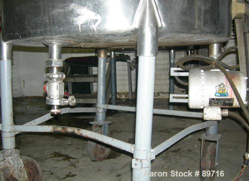 USED: Tank, 225 gallon, 304 stainless steel, vertical. 38" diameter x 48" straight side, open top with cover, flat bottom. Approximate 1" off center bottom outlet. Side bottom 3 blade agitator, drive...