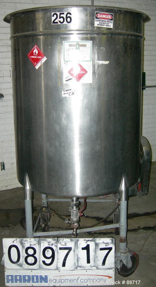 USED: Tank, 225 gallon, 304 stainless steel, vertical. 38" diameter x 48" straight side, open top with cover, flat bottom. Approximate 1" off center bottom outlet. Side bottom 3 blade agitator, drive...